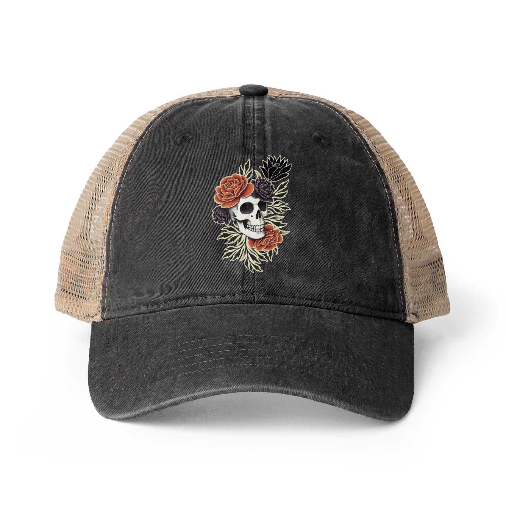 Floral Skull Trucker Hat Vintage Washed Mesh Cap Aesthetic Goth Hat Boho Skull Hat Ponytail Cap Gift for Her Festival Hat