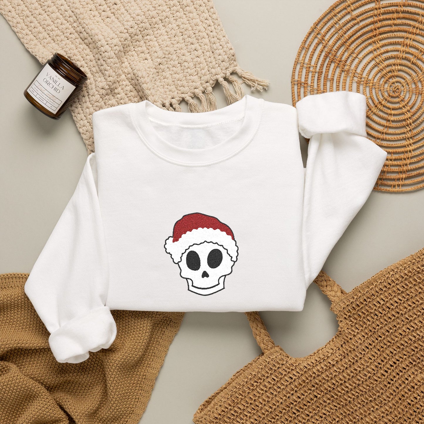 Embroidered Crewneck Christmas Sweatshirt Skeleton Jumper Santa Clause Embroidery Crewneck Skeleton Sweatshirt, Cute Holiday Jumper Xmas