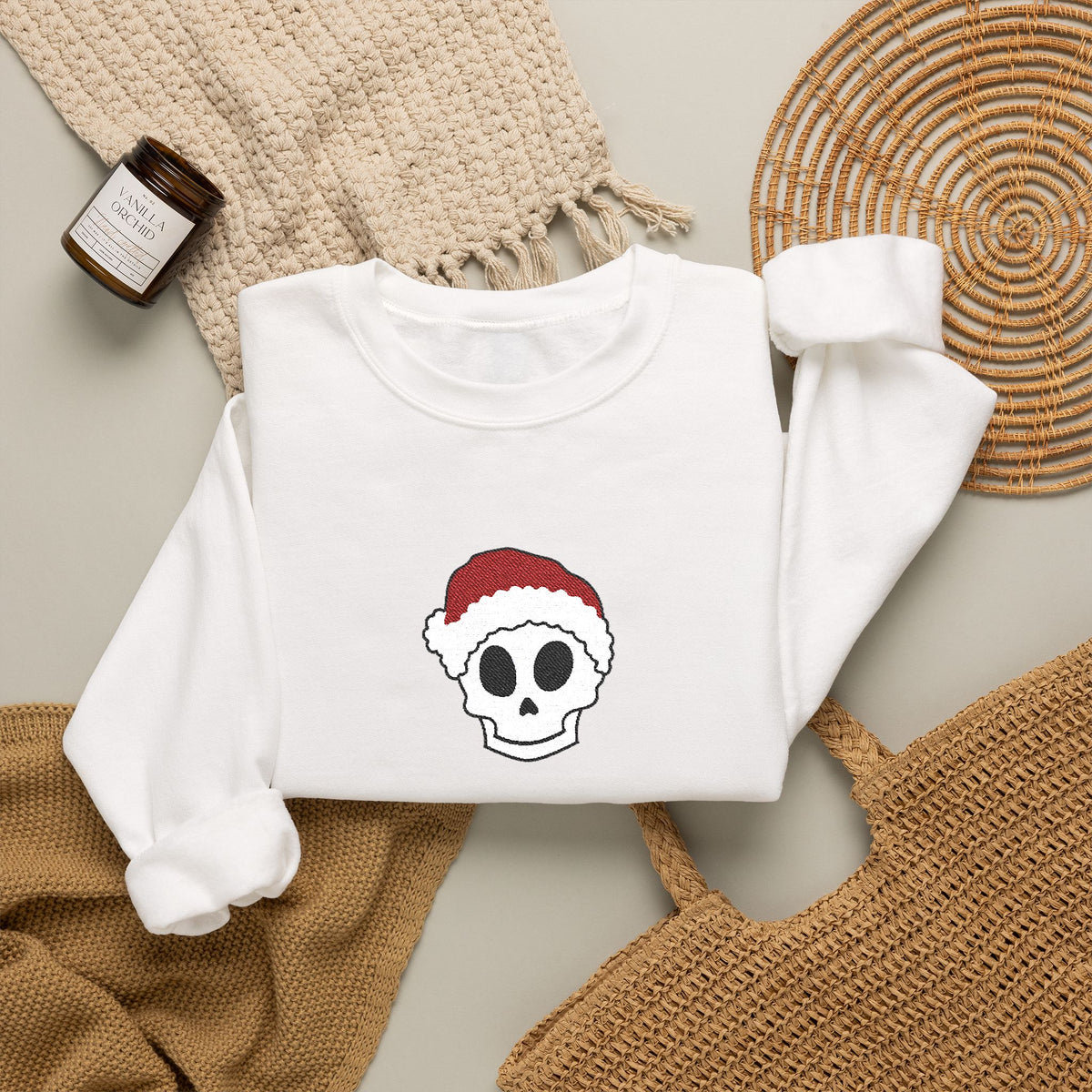 Embroidered Crewneck Christmas Sweatshirt Skeleton Jumper Santa Clause Embroidery Crewneck Skeleton Sweatshirt, Cute Holiday Jumper Xmas
