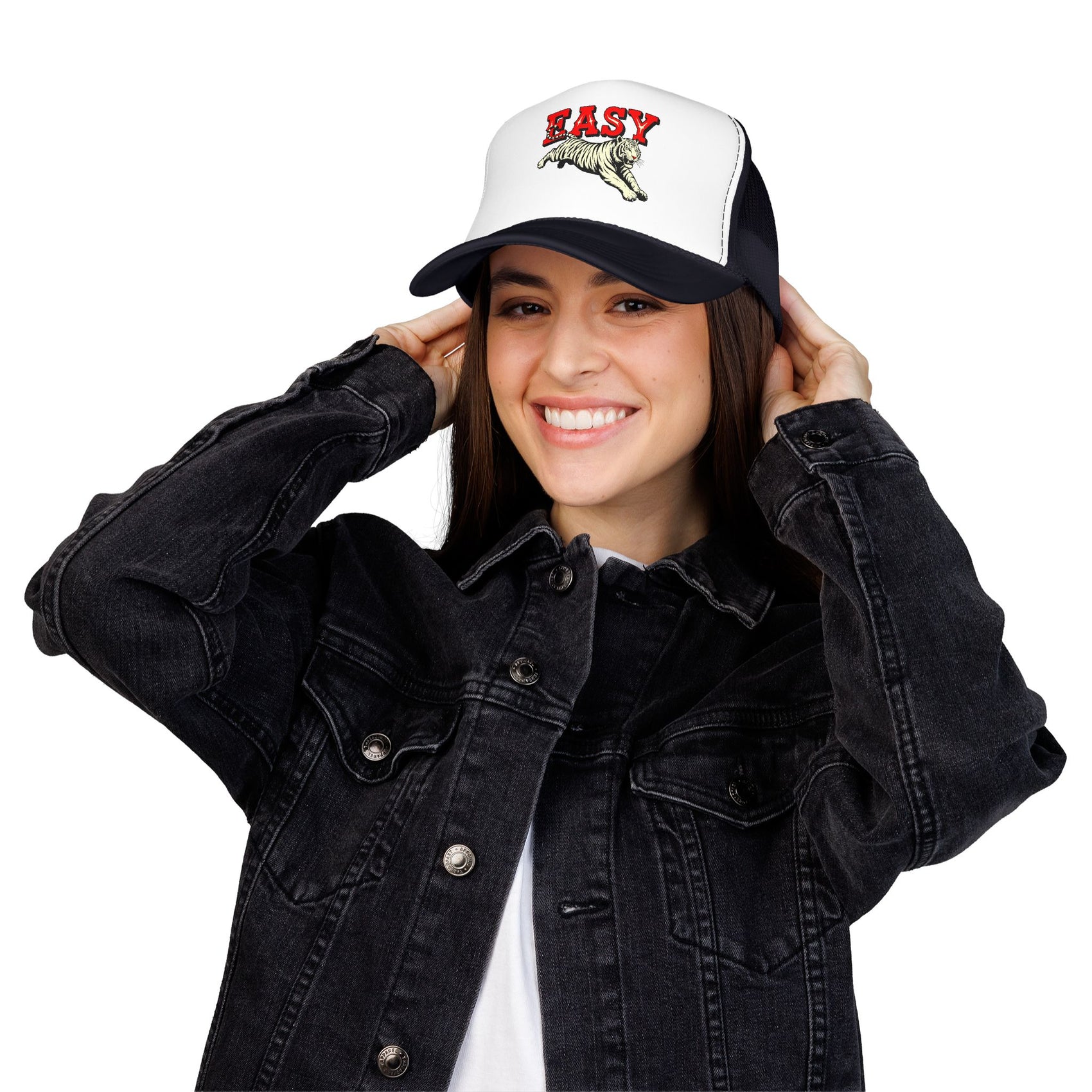 Easy Tiger Trucker Hat For Men White Animal Cap Gift For  Mom Tiger Lover Retro Sport Hat Casual Summer Outfit Cap for Sister