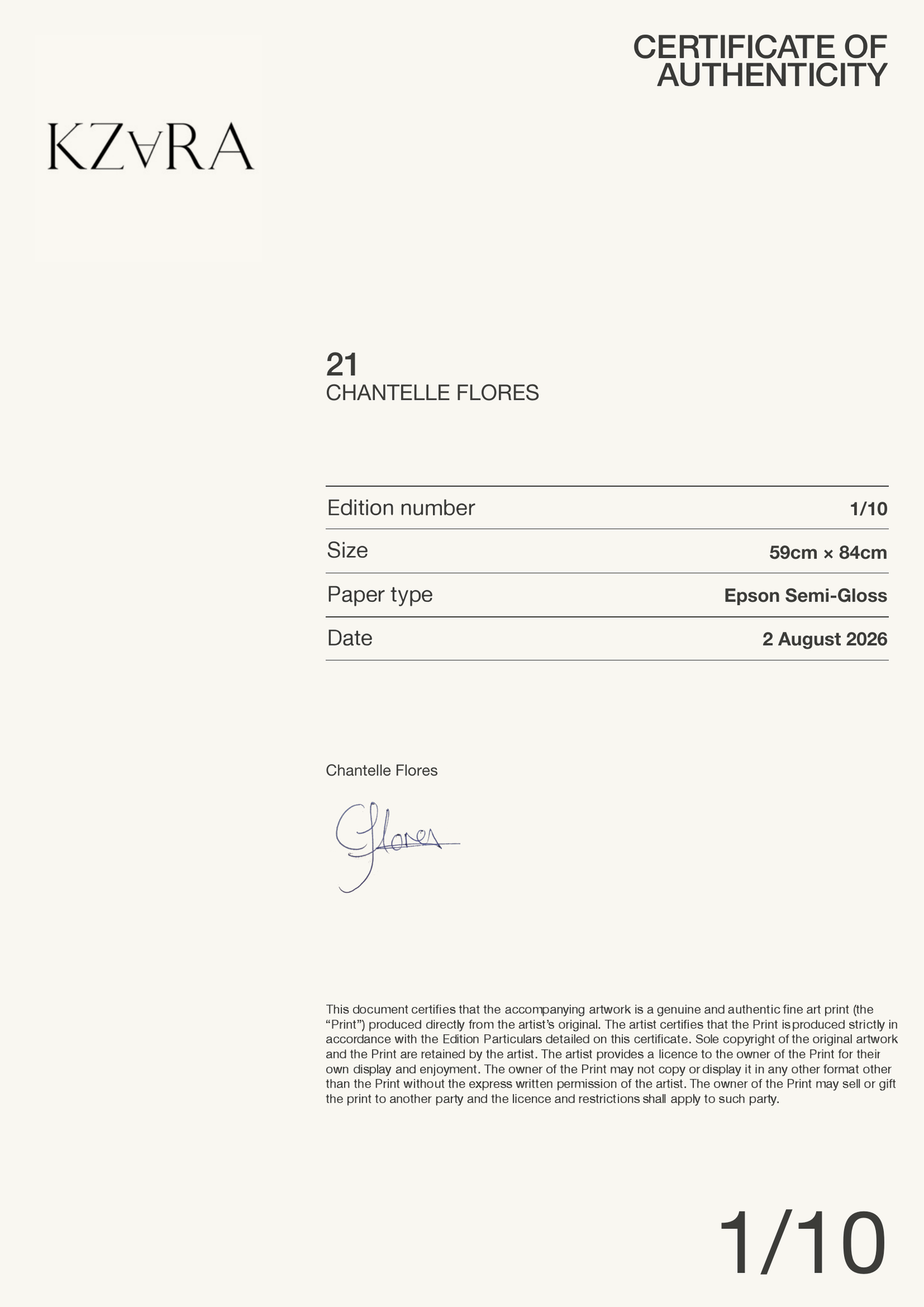 21 — Certificate of Authenticity