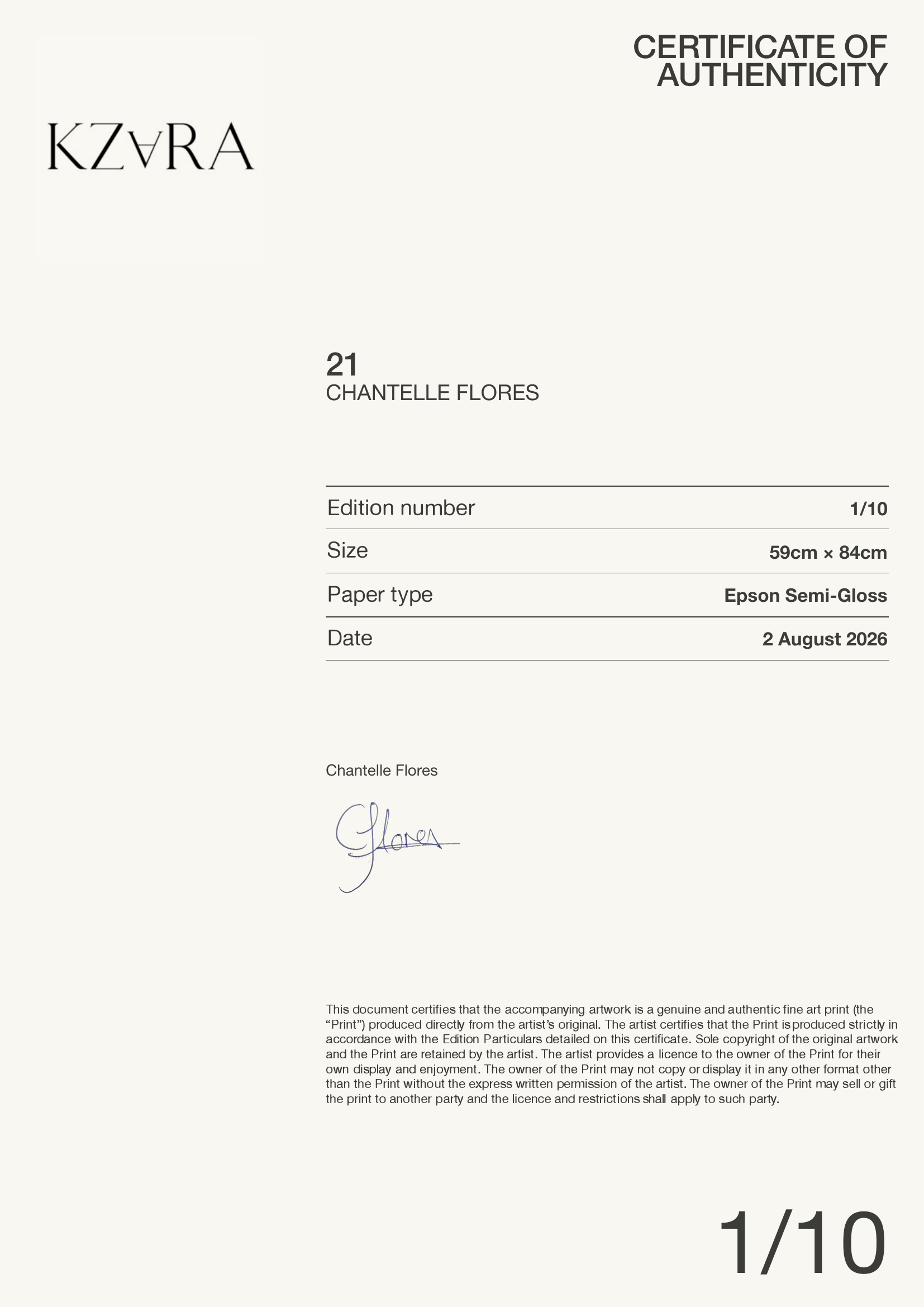 21 — Certificate of Authenticity