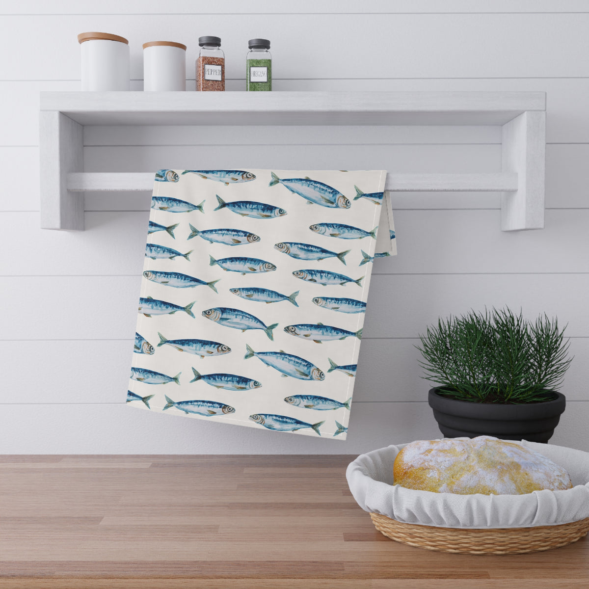 Portuguese Coastal Tea Towel For Mediterranean Kitchen Decor Gift For Portugal Lover Blue Sardine Dish Towel For Housewarming Gift Idea