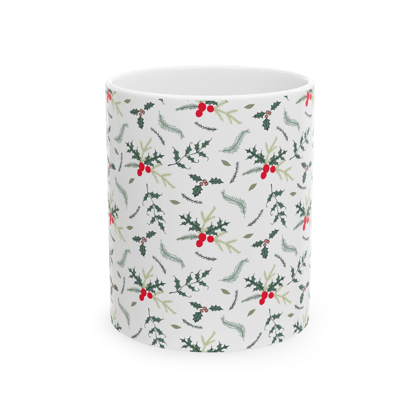 Pattern Christmas Mug Gift For Mom Holly Berry Coffee Cup Present For Sister Winter Drinkware Botanical Ceramic