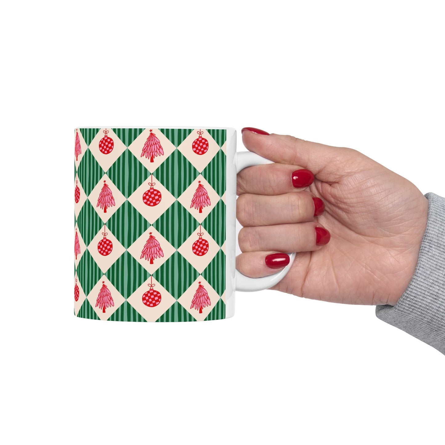 Pattern Christmas Mug Gift For Mom Vintage Harlequin Coffee Cup Present For Sister Retro Ceramic Holiday Drinkware