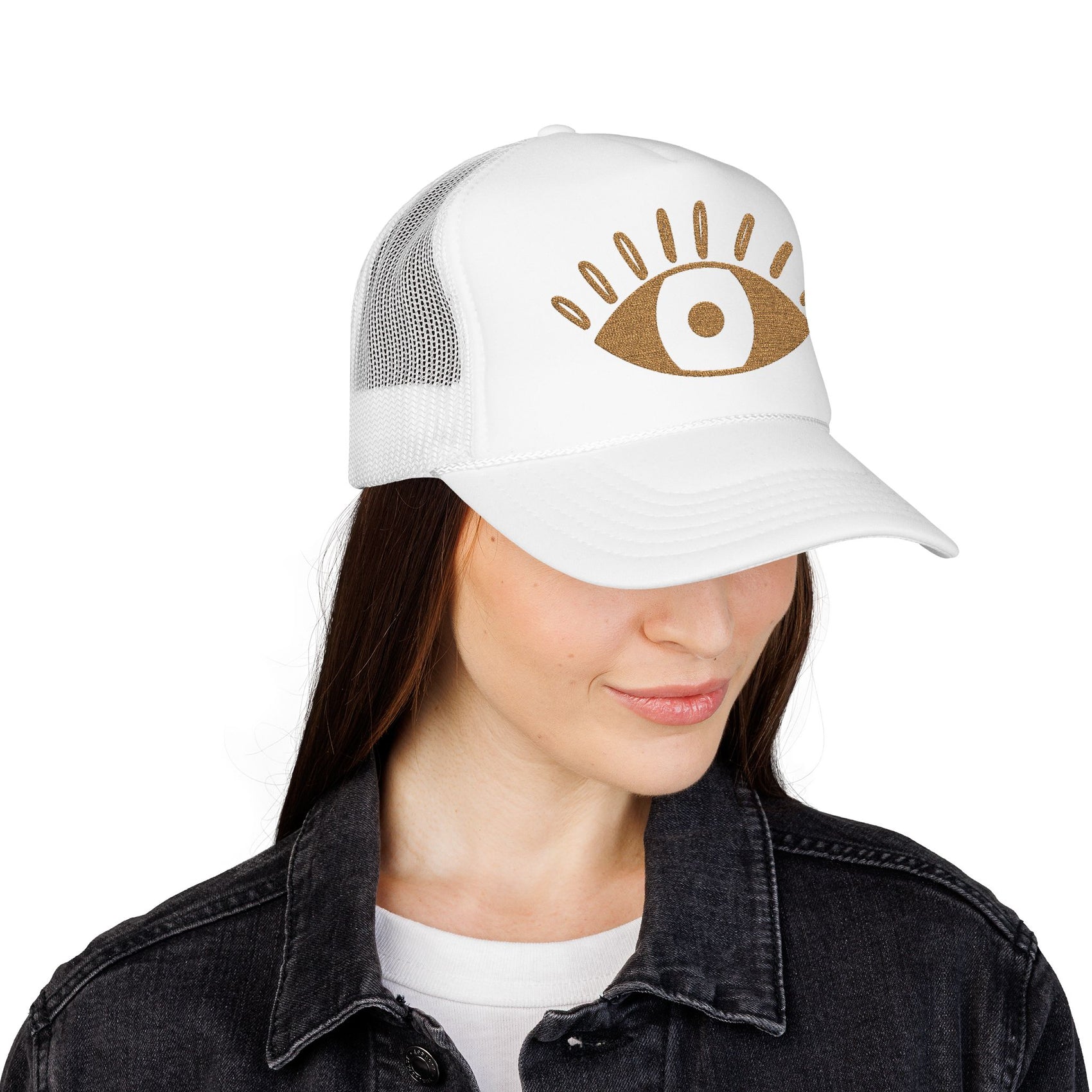 Evil Eye Trucker Hat Embroidered Mystic Cap Mesh Snapback Gift For Sister Girlfriend Mom Boho Festival Accessory Golden Symbol Style Charm