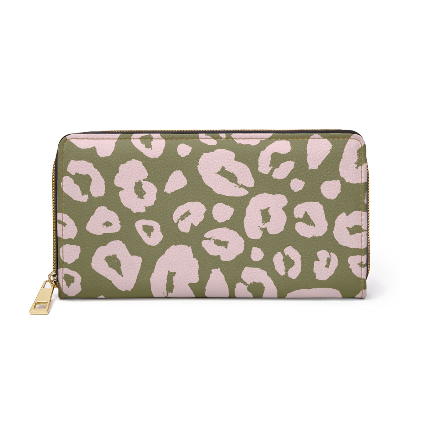 Pink Leopard Print Zipper Wallet, Olive Background, Gold Zip Purse Animal Print Purse Cards, Coins, African Theme, Africa Pattern