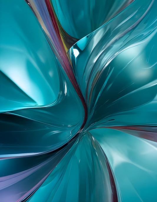 Abstract flow of teal and blue shapes blending together with soft curves and reflections