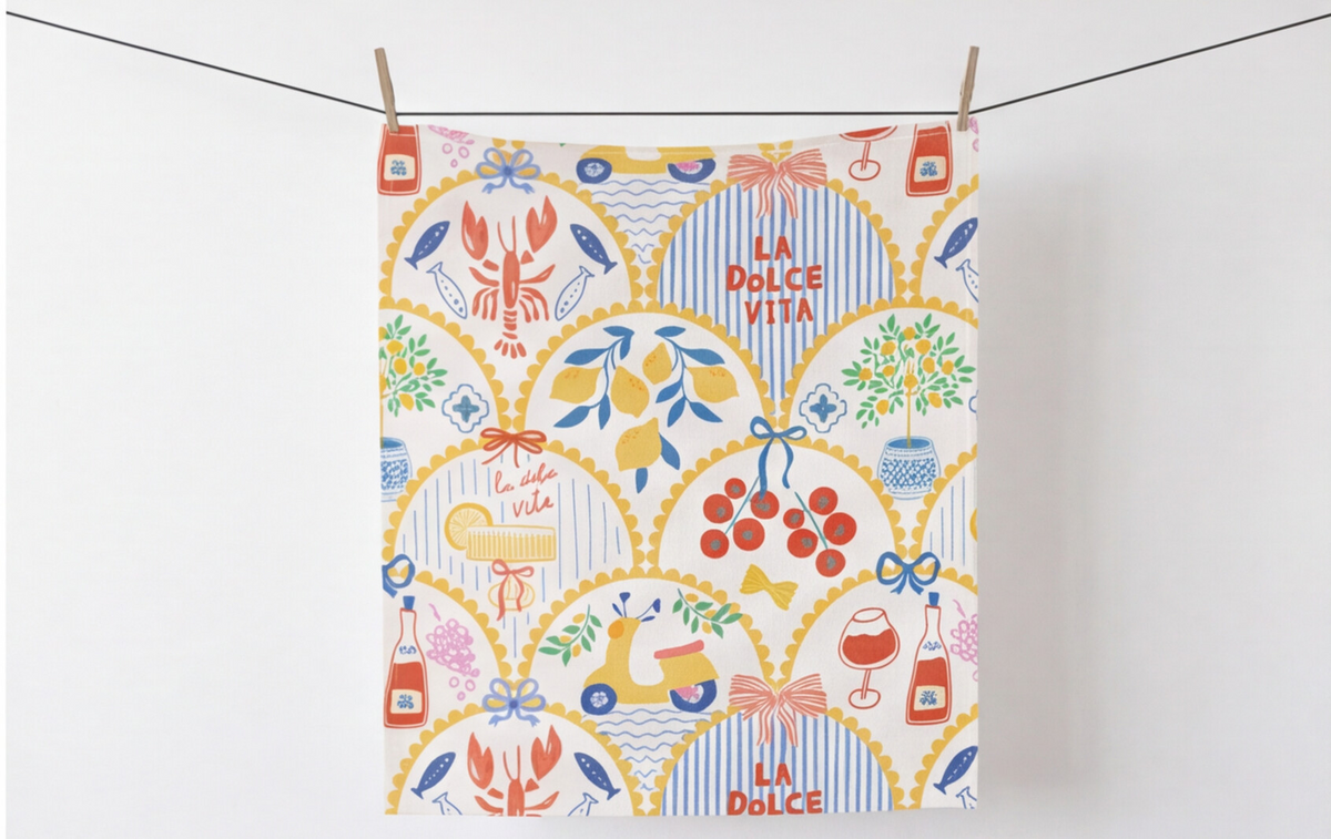 Italy Tea Towel For Italian Lovers, Food Kitchen Towel For Italian Kitchen Decor, La Dolce Vita Dish Towel, Cotton Poly Drying Towel Yellow