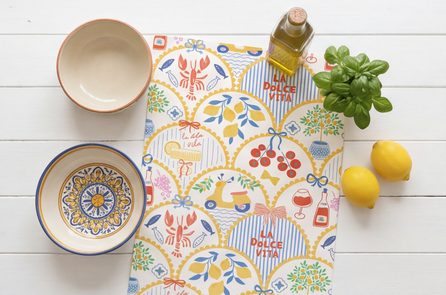Italy Tea Towel For Italian Lovers, Food Kitchen Towel For Italian Kitchen Decor, La Dolce Vita Dish Towel, Cotton Poly Drying Towel Yellow