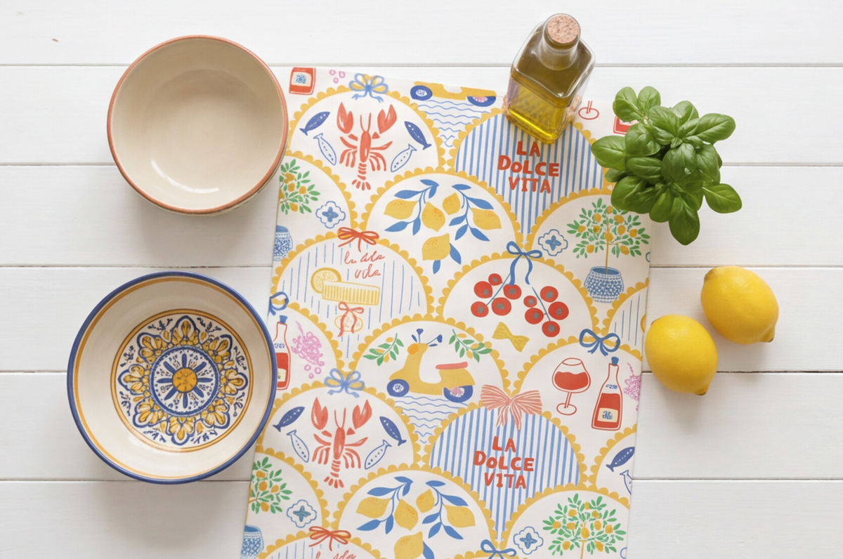 Italy Tea Towel For Italian Lovers, Food Kitchen Towel For Italian Kitchen Decor, La Dolce Vita Dish Towel, Cotton Poly Drying Towel Yellow