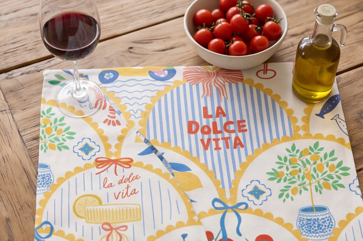 Italy Tea Towel For Italian Lovers, Food Kitchen Towel For Italian Kitchen Decor, La Dolce Vita Dish Towel, Cotton Poly Drying Towel Yellow