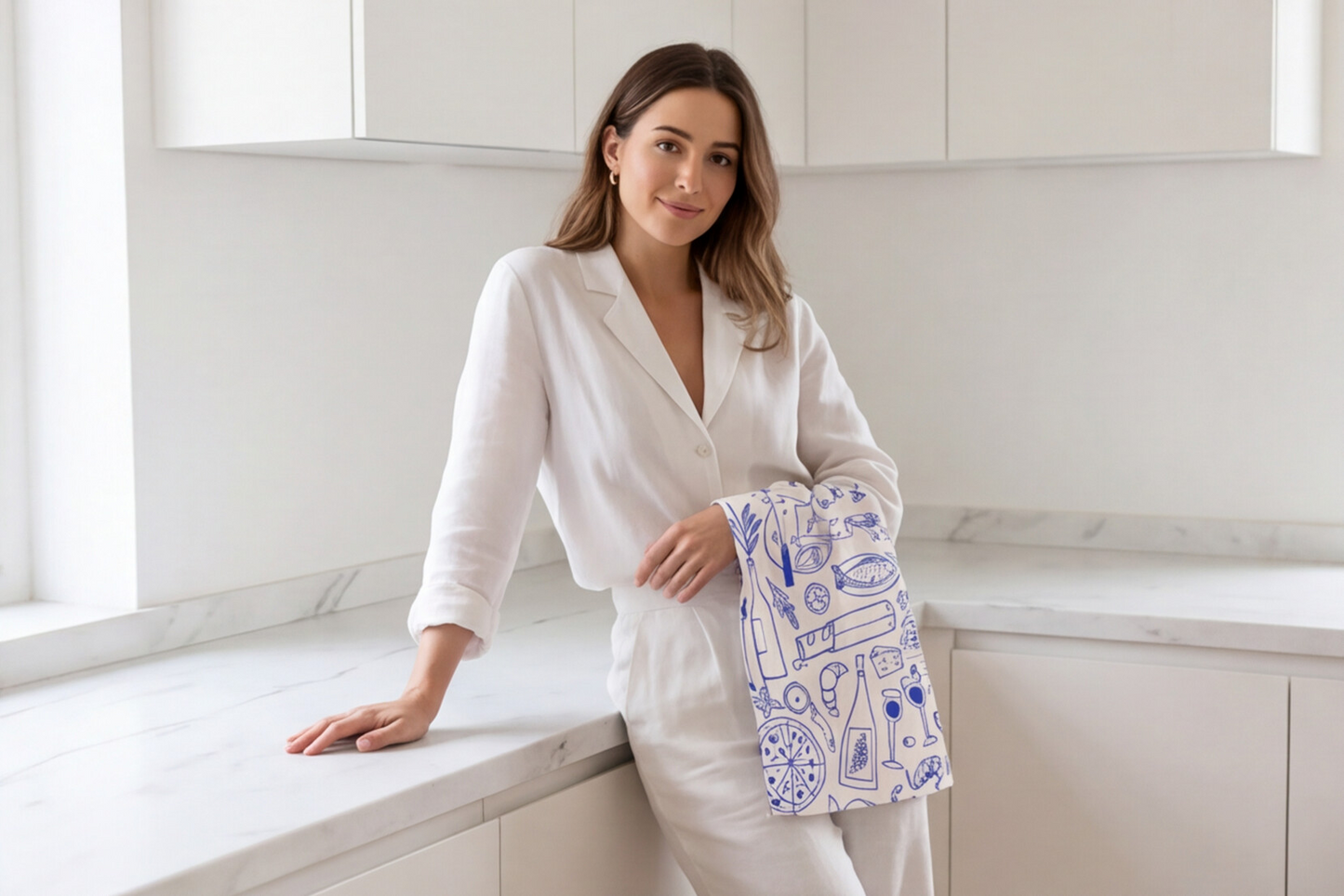 Italy Tea Towel For Italy Lovers, Blue Doodle Wine & Cheese Kitchen Tea Towel For Italian Kitchen, Cotton-Poly Blend Drying Towel