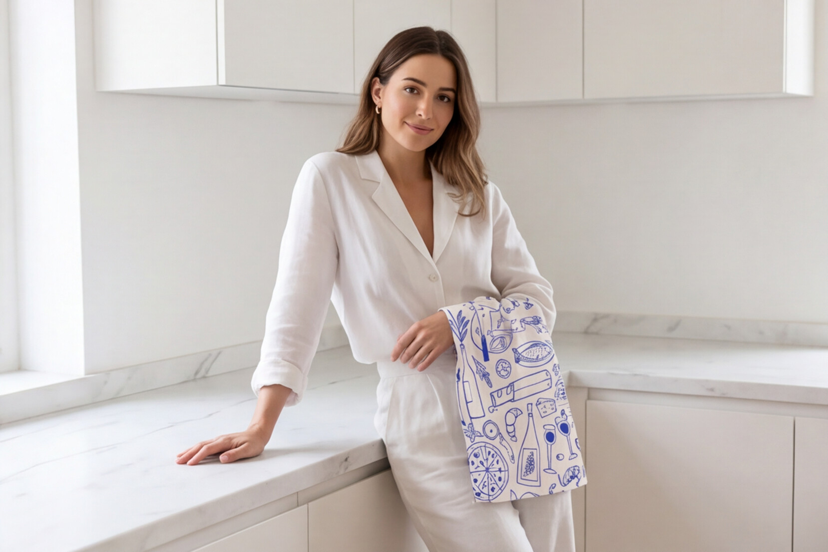 Italy Tea Towel For Italy Lovers, Blue Doodle Wine & Cheese Kitchen Tea Towel For Italian Kitchen, Cotton-Poly Blend Drying Towel