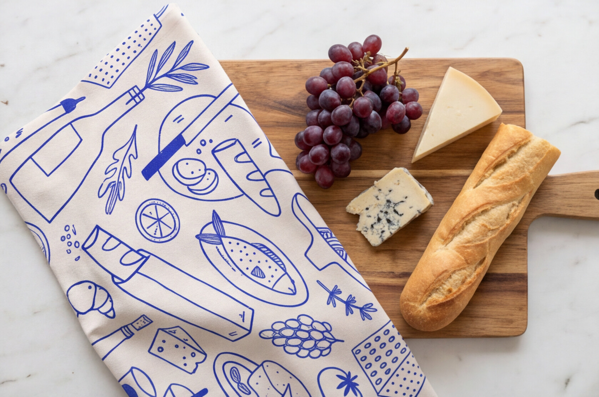 Italy Tea Towel For Italy Lovers, Blue Doodle Wine & Cheese Kitchen Tea Towel For Italian Kitchen, Cotton-Poly Blend Drying Towel