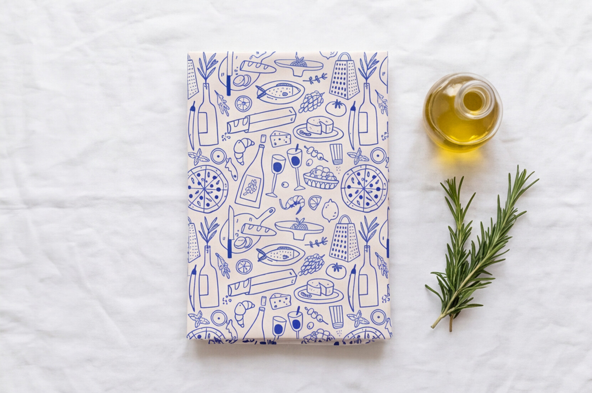 Italy Tea Towel For Italy Lovers, Blue Doodle Wine & Cheese Kitchen Tea Towel For Italian Kitchen, Cotton-Poly Blend Drying Towel