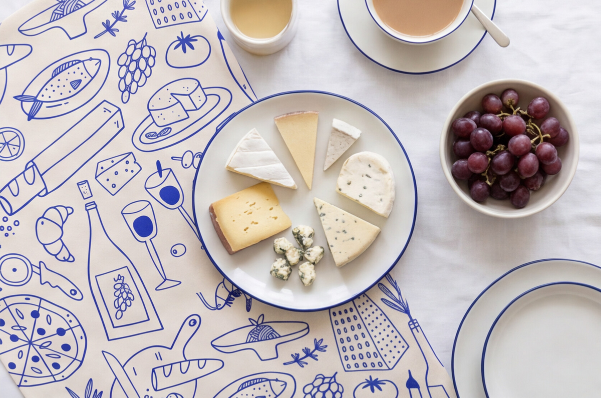 Italy Tea Towel For Italy Lovers, Blue Doodle Wine & Cheese Kitchen Tea Towel For Italian Kitchen, Cotton-Poly Blend Drying Towel