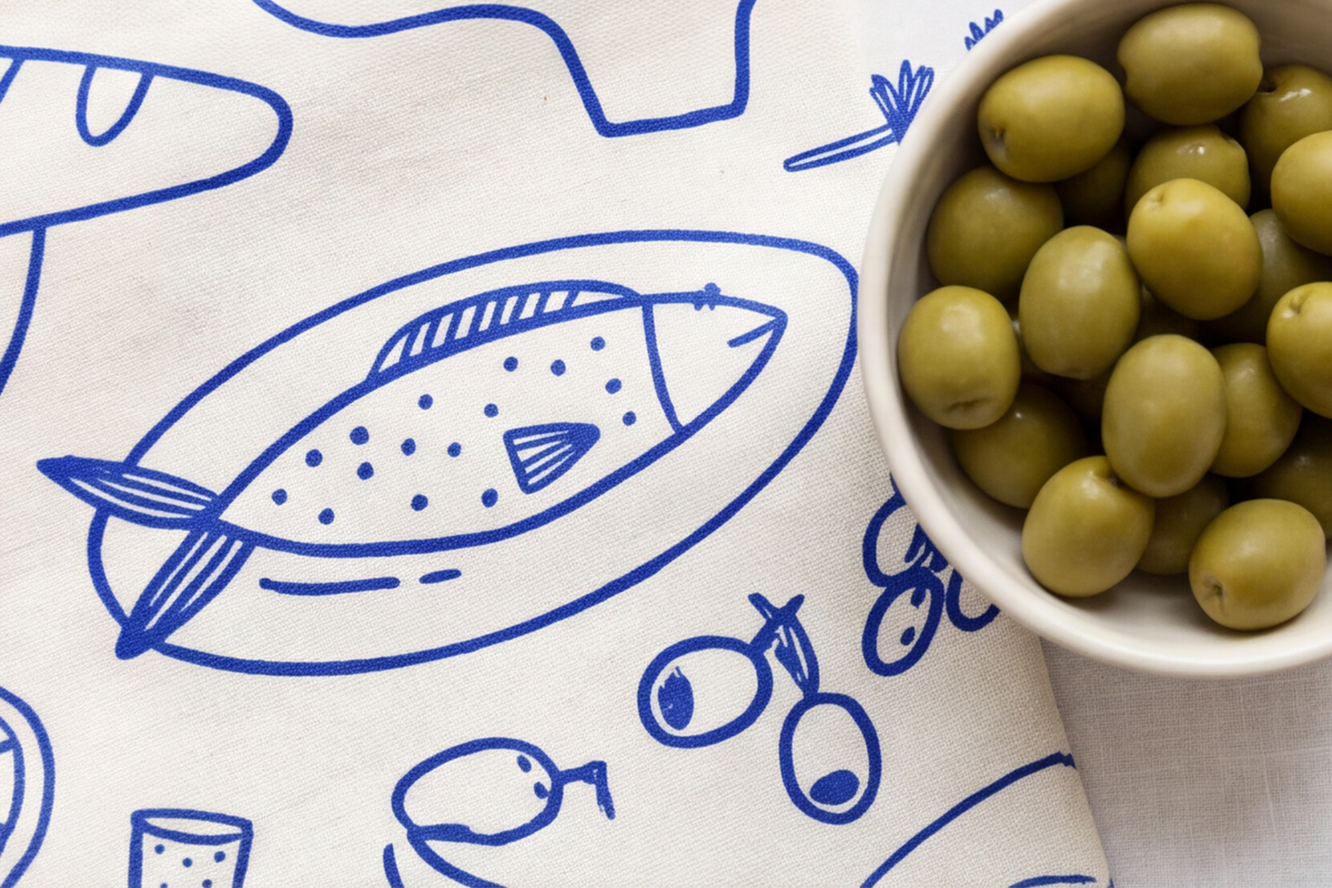 Italy Tea Towel For Italy Lovers, Blue Doodle Wine & Cheese Kitchen Tea Towel For Italian Kitchen, Cotton-Poly Blend Drying Towel