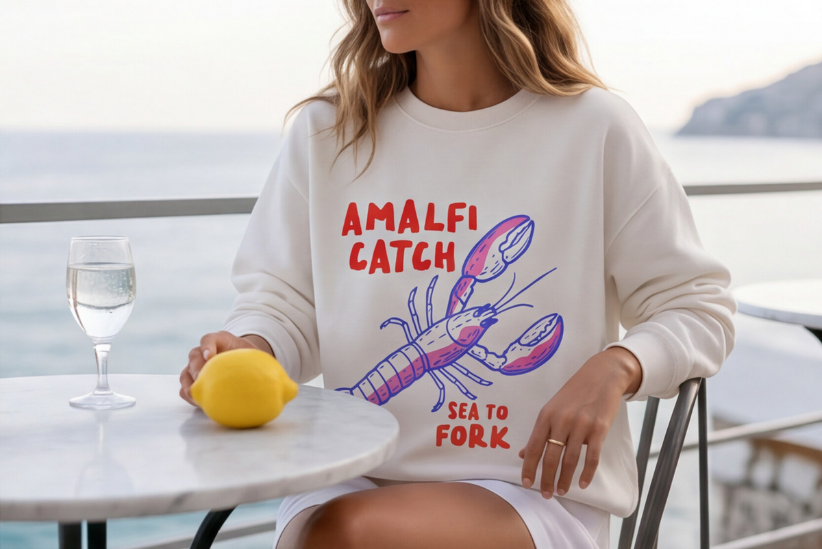 Amalfi Coast Sweatshirt Italy Inspired Top Seafood Graphic Pullover Gift For Italy Lover Mediterranean Vacation Crewneck Italian Souvenir