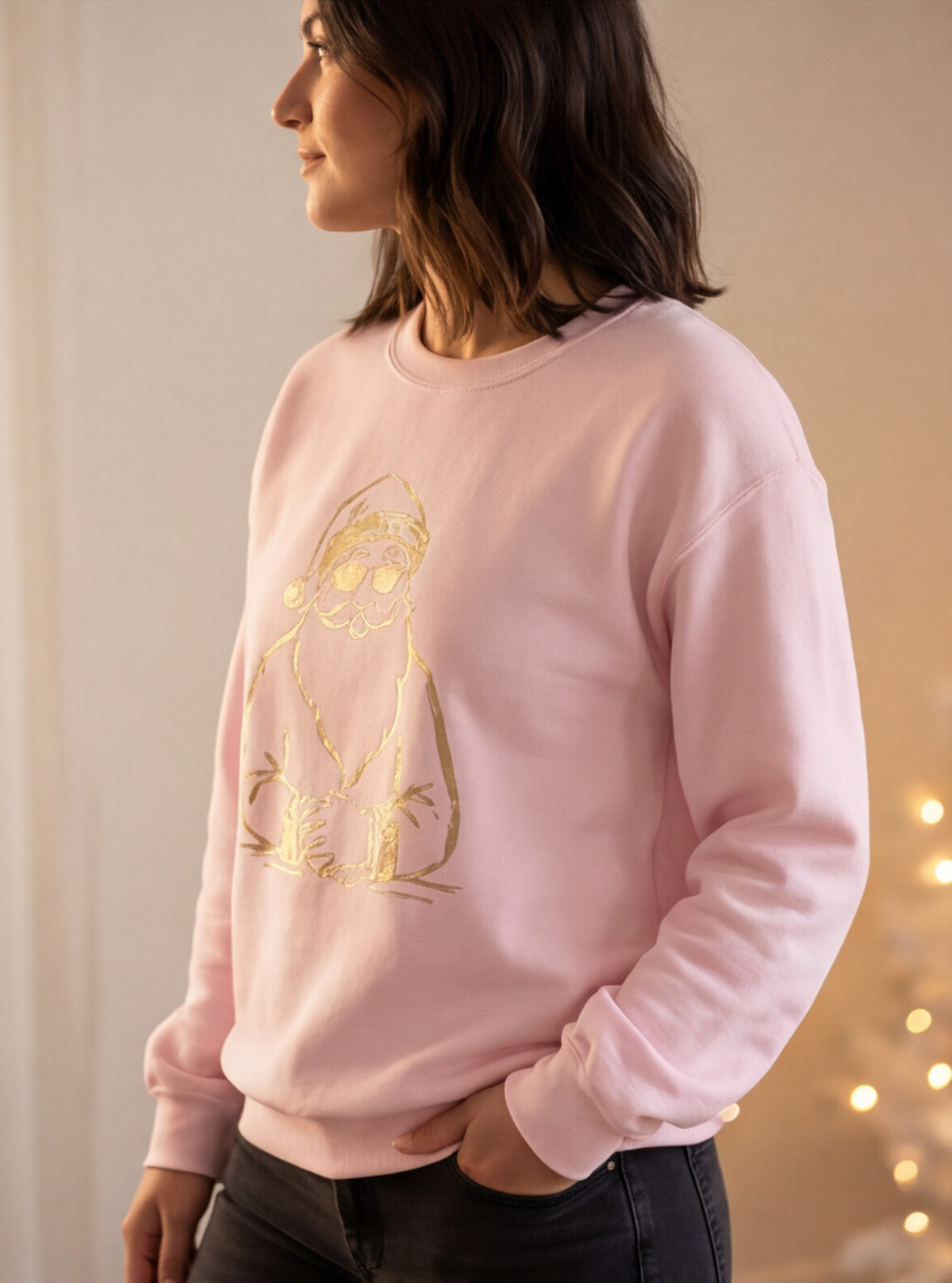 Gold Santa Sweater Retro Christmas Sweatshirt Santa Pullover Vintage Holiday Jumper Festive Winter Apparel Cozy Gift For Women Pink Crewneck