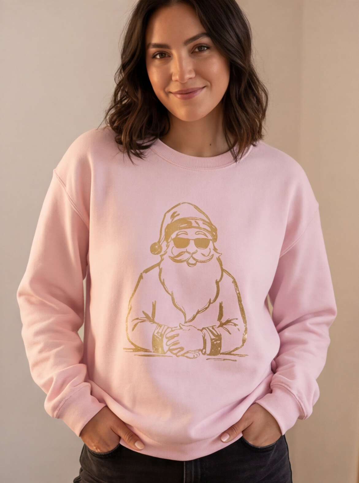 Gold Santa Sweater Retro Christmas Sweatshirt Santa Pullover Vintage Holiday Jumper Festive Winter Apparel Cozy Gift For Women Pink Crewneck