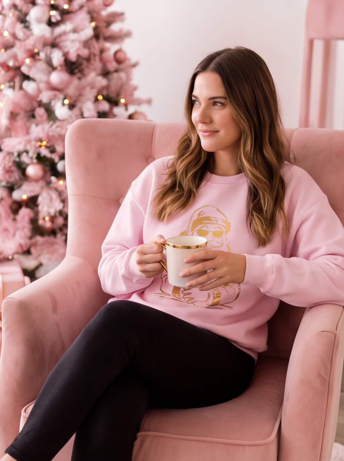 Gold Santa Sweater Retro Christmas Sweatshirt Santa Pullover Vintage Holiday Jumper Festive Winter Apparel Cozy Gift For Women Pink Crewneck