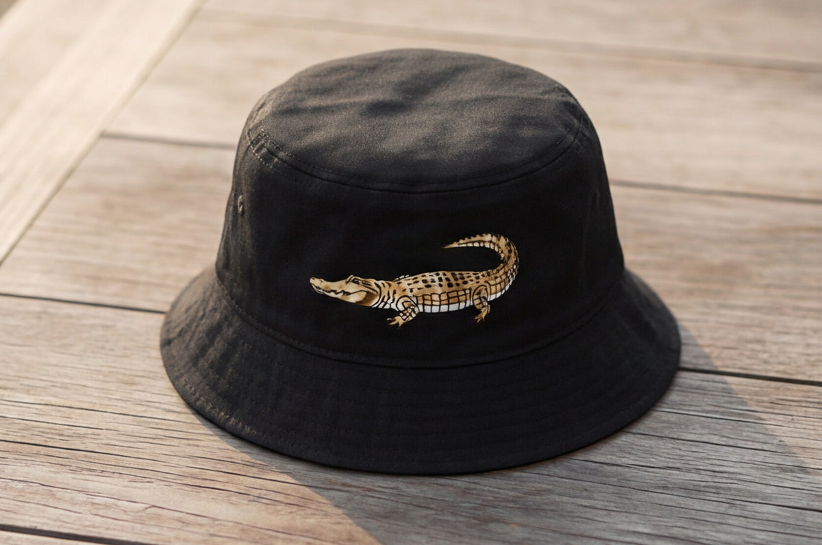 Black Crocodile Bucket Hat Embroidered Animal Safari Cap Trendy Streetwear Fisherman Hat Gift for Him Outdoor Summer Style South Africa Gift