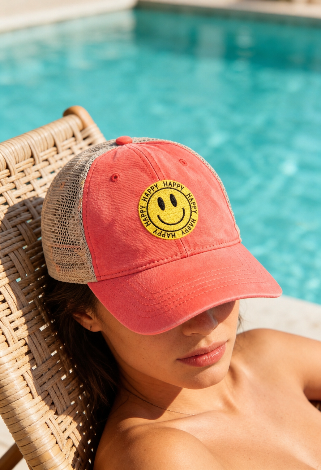 Coral Smiley Face Trucker Hat Bright Summer Cap Orange Aesthetic Hat Mesh Back Hat Cute Festival Hat Ponytail Cap Gift For Happy People