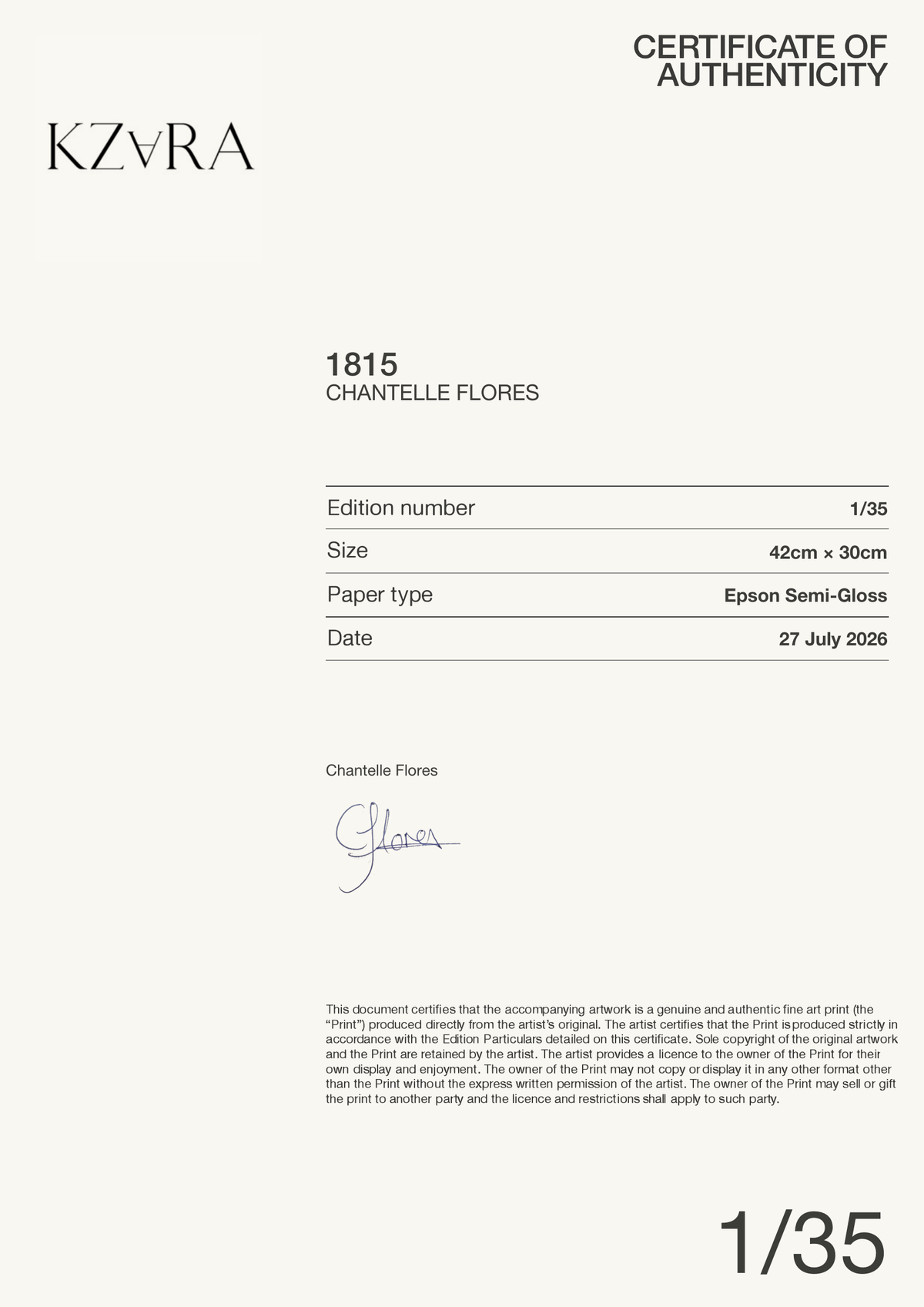 1815 — Certificate of Authenticity