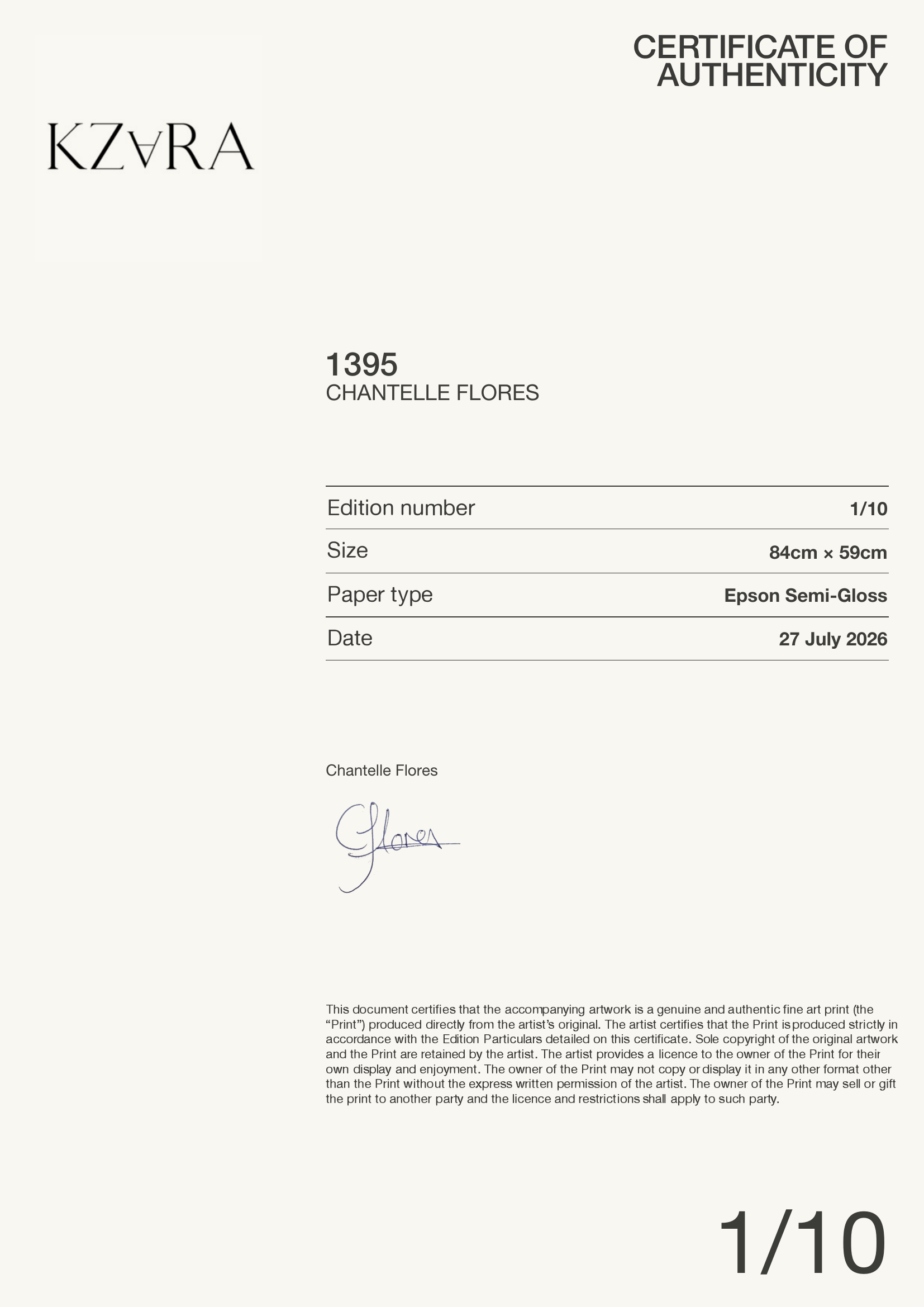 1395 — Certificate of Authenticity