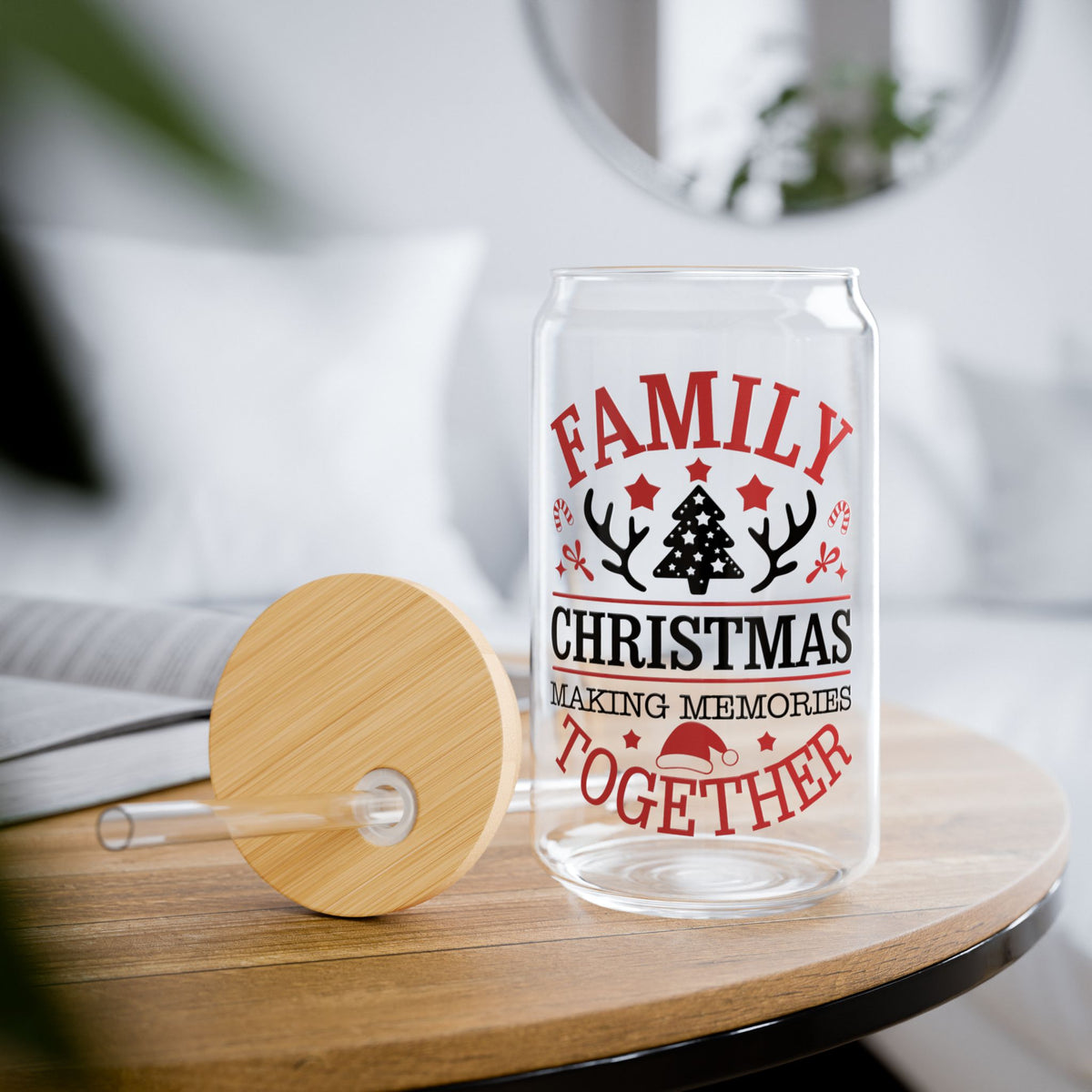 Family Christmas Glass Cup Gift For Mom Holiday Iced Coffee Tumbler Present For Grandma Bamboo Lid Sipper Festive Memory Drinkware Style