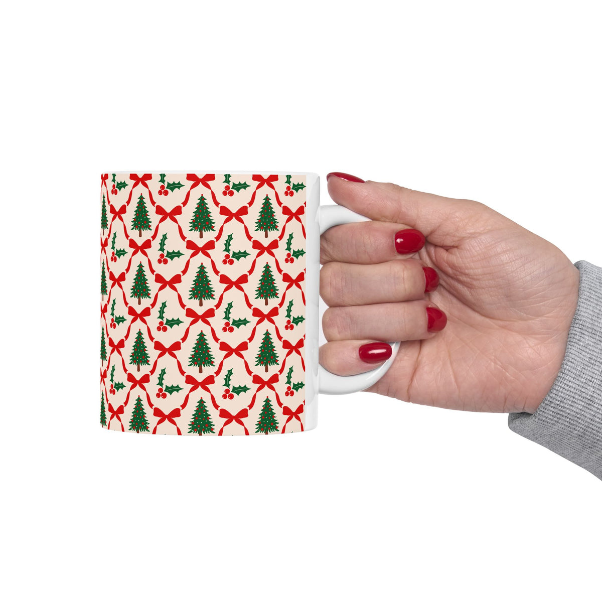 Pattern Christmas Mug Gift For Mom Tree Holly Coffee Cup Present For Sister Red Bow Ceramic Holiday Drinkware