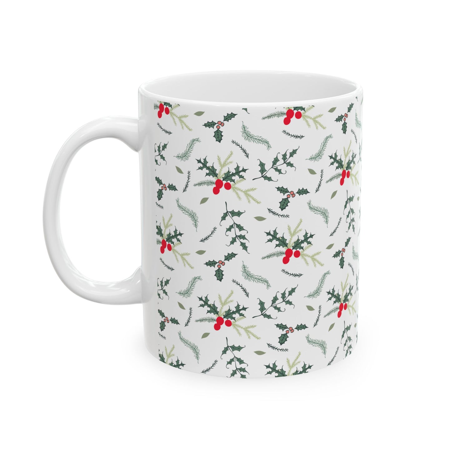 Pattern Christmas Mug Gift For Mom Holly Berry Coffee Cup Present For Sister Winter Drinkware Botanical Ceramic