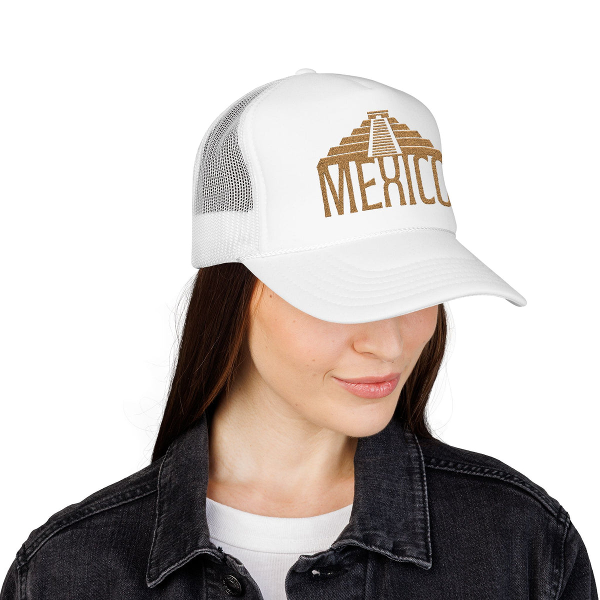 Embroidered Mexico Hat Gift For Travelers Cap Pyramid Embroidered Hat For Mexico Lovers Gift Golden Trucker Foam Mesh Cap Mexico Travel Gift