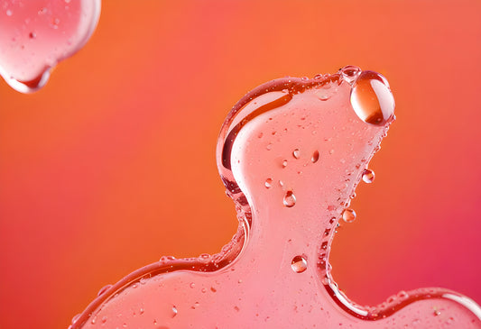 Close-up of translucent pink liquid drops against a vibrant orange background demonstrating fluid dynamics and texture