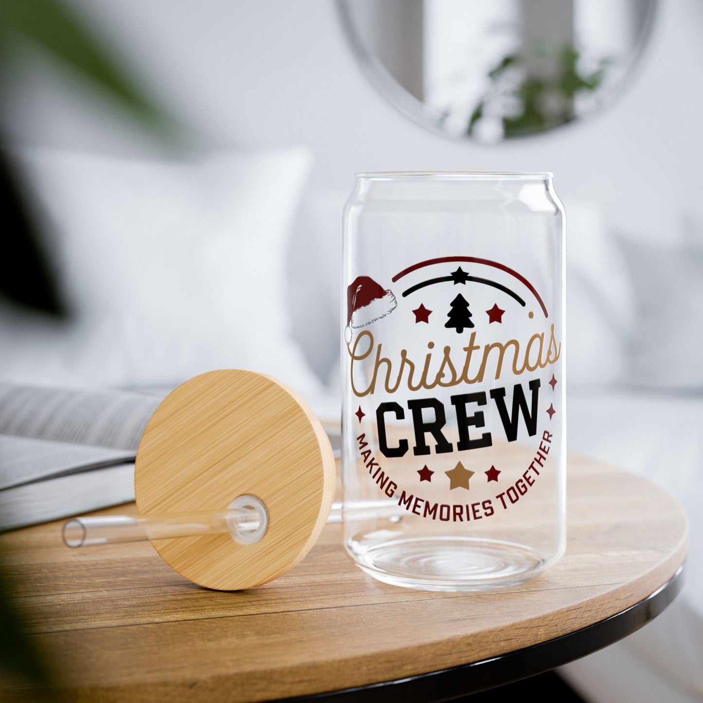 Christmas Crew Glass Cup Gift For Sister Holiday Sipper With Bamboo Lid Festive Drinkware Present For Best Friend Family Party Style Charm