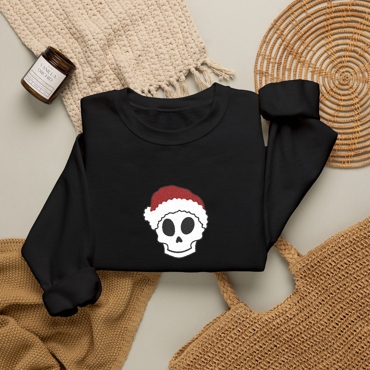 Embroidered Skull Christmas Sweatshirt For Her Goth Holiday Crewneck Gift For Best Friend Alt Winter Pullover For Him Spooky Santa Top Teen