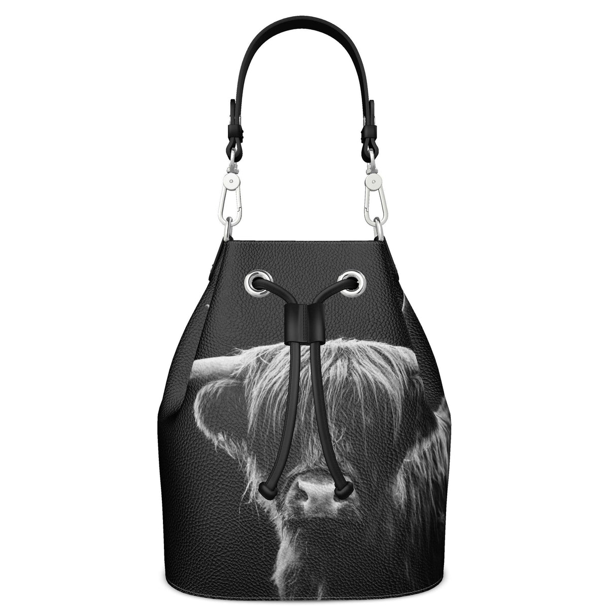 Highland Cow Leather Bucket Bag Black And White Scottish Cattle Handba