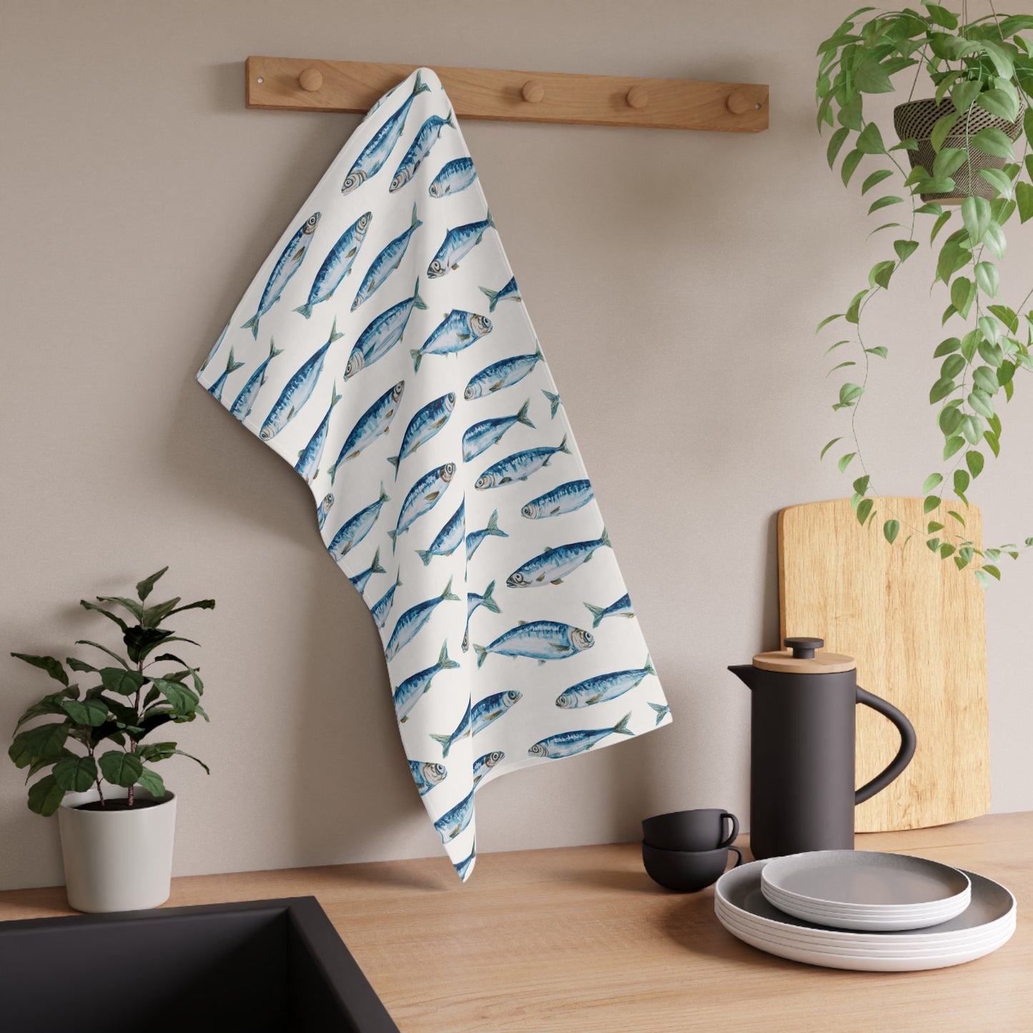 Portuguese Coastal Tea Towel For Mediterranean Kitchen Decor Gift For Portugal Lover Blue Sardine Dish Towel For Housewarming Gift Idea
