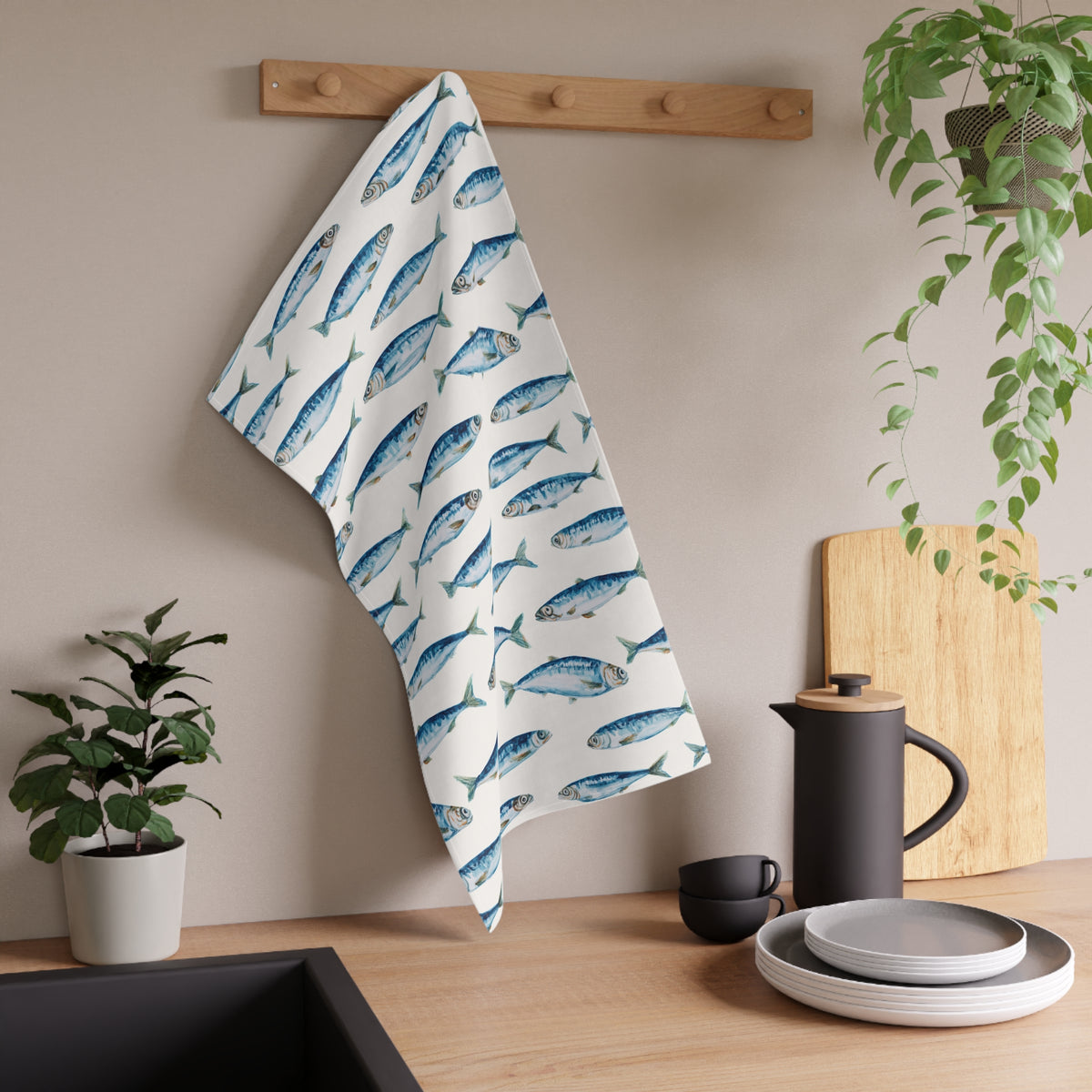 Portuguese Coastal Tea Towel For Mediterranean Kitchen Decor Gift For Portugal Lover Blue Sardine Dish Towel For Housewarming Gift Idea