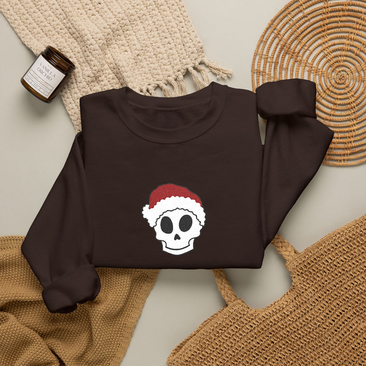 Embroidered Skull Christmas Sweatshirt For Her Goth Holiday Crewneck Gift For Best Friend Alt Winter Pullover For Him Spooky Santa Top Teen