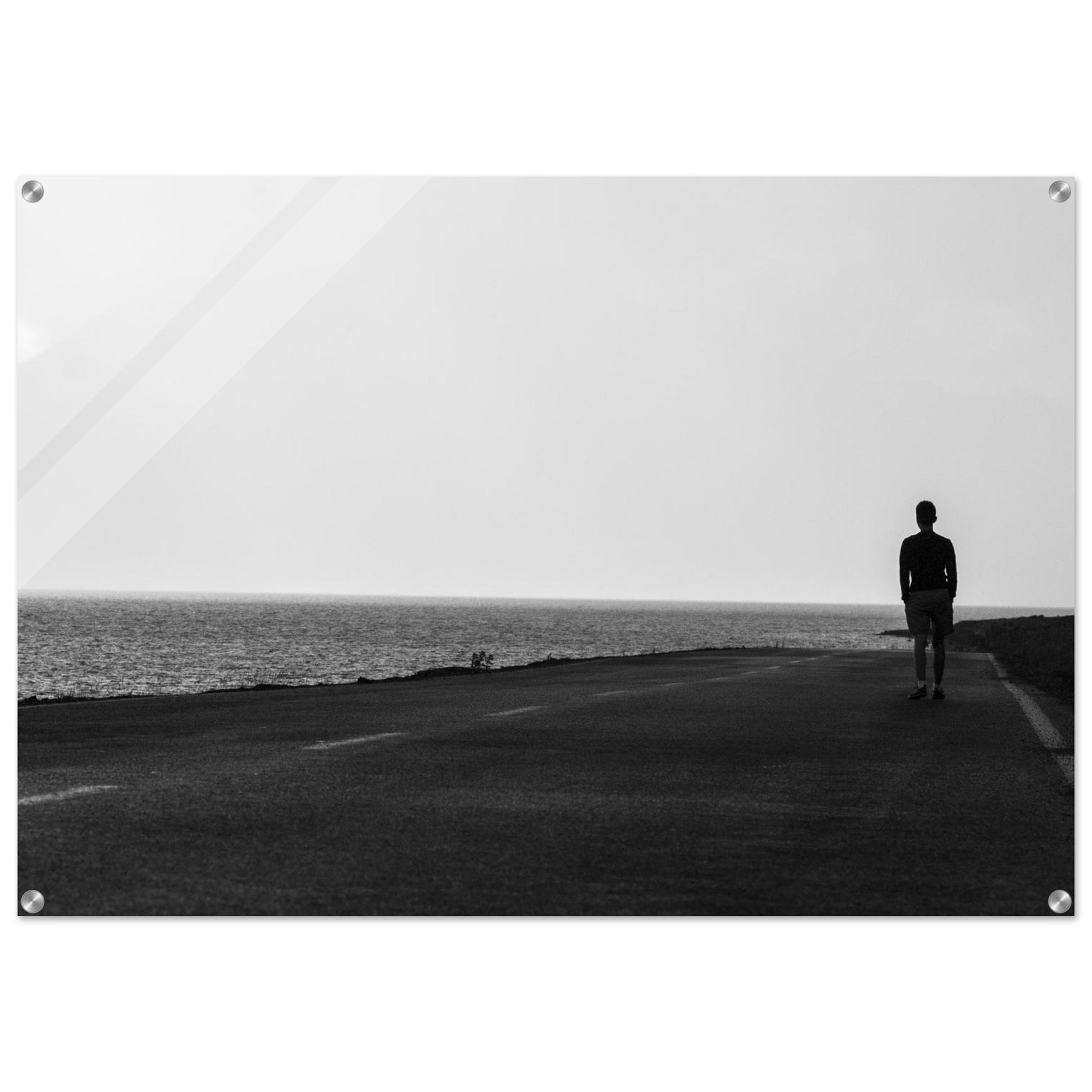 Minimalist Horizon: Solitary Journey Black & White Acrylic Print – Captivating Landscape Art for Modern Spaces