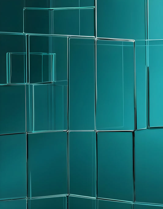 Abstract teal wall design featuring varying glass-like panels in a contemporary setting. Generative AI