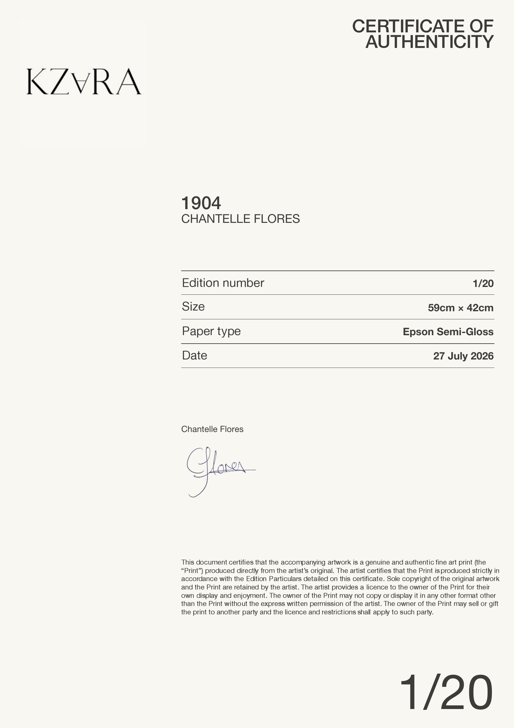 1904 — Certificate of Authenticity
