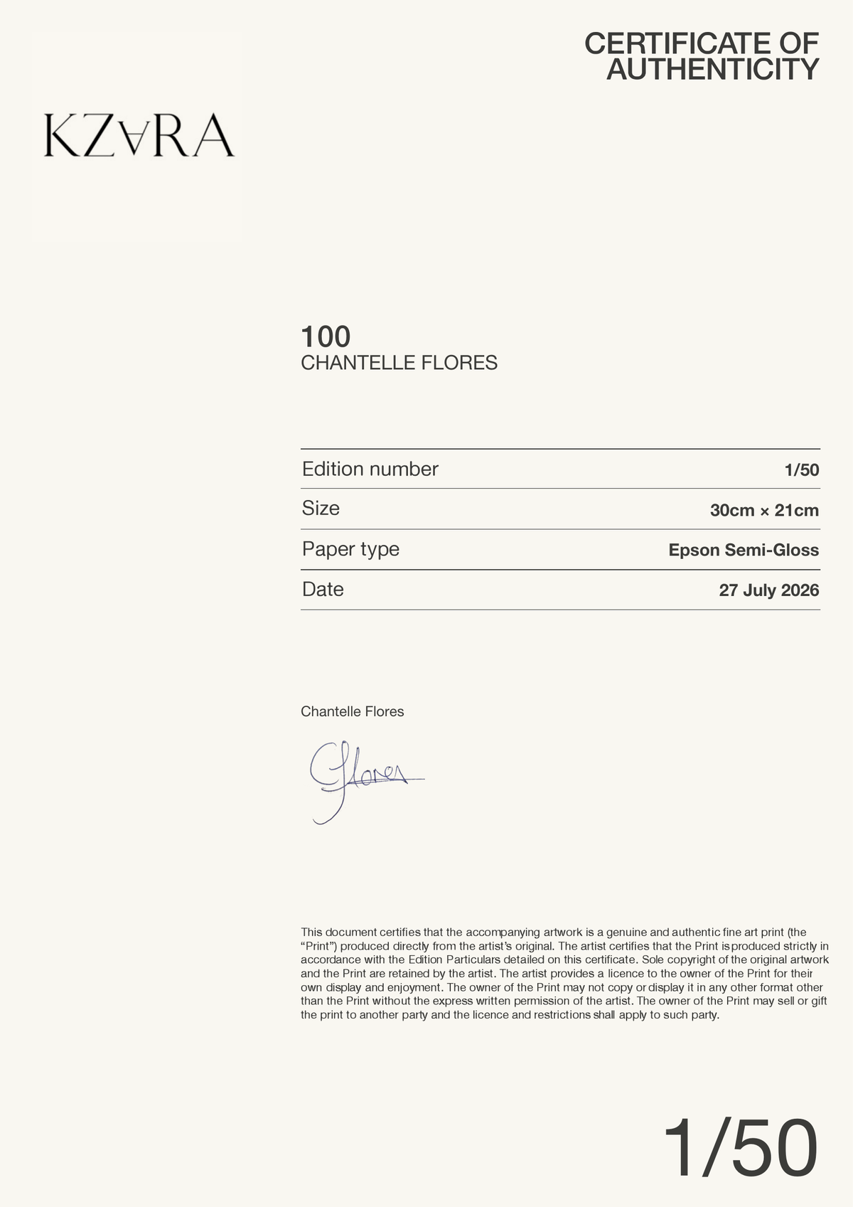 100 — Certificate of Authenticity