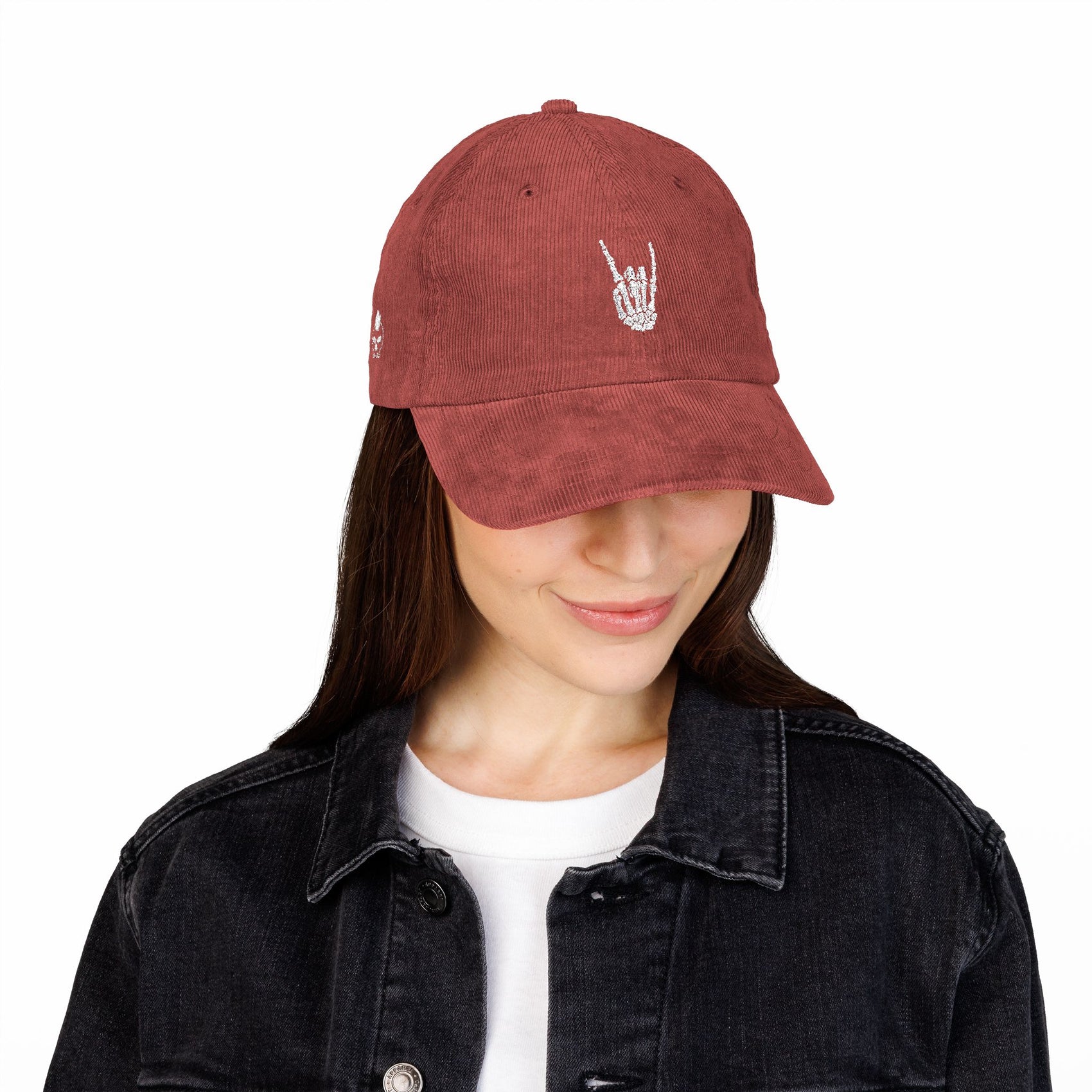 Skeleton Hand Embroidered Corduroy Hat Biker Rocker Punk Goth Gift Vintage Style Cap Motorcycle Outfit Hat Alternative Fashion