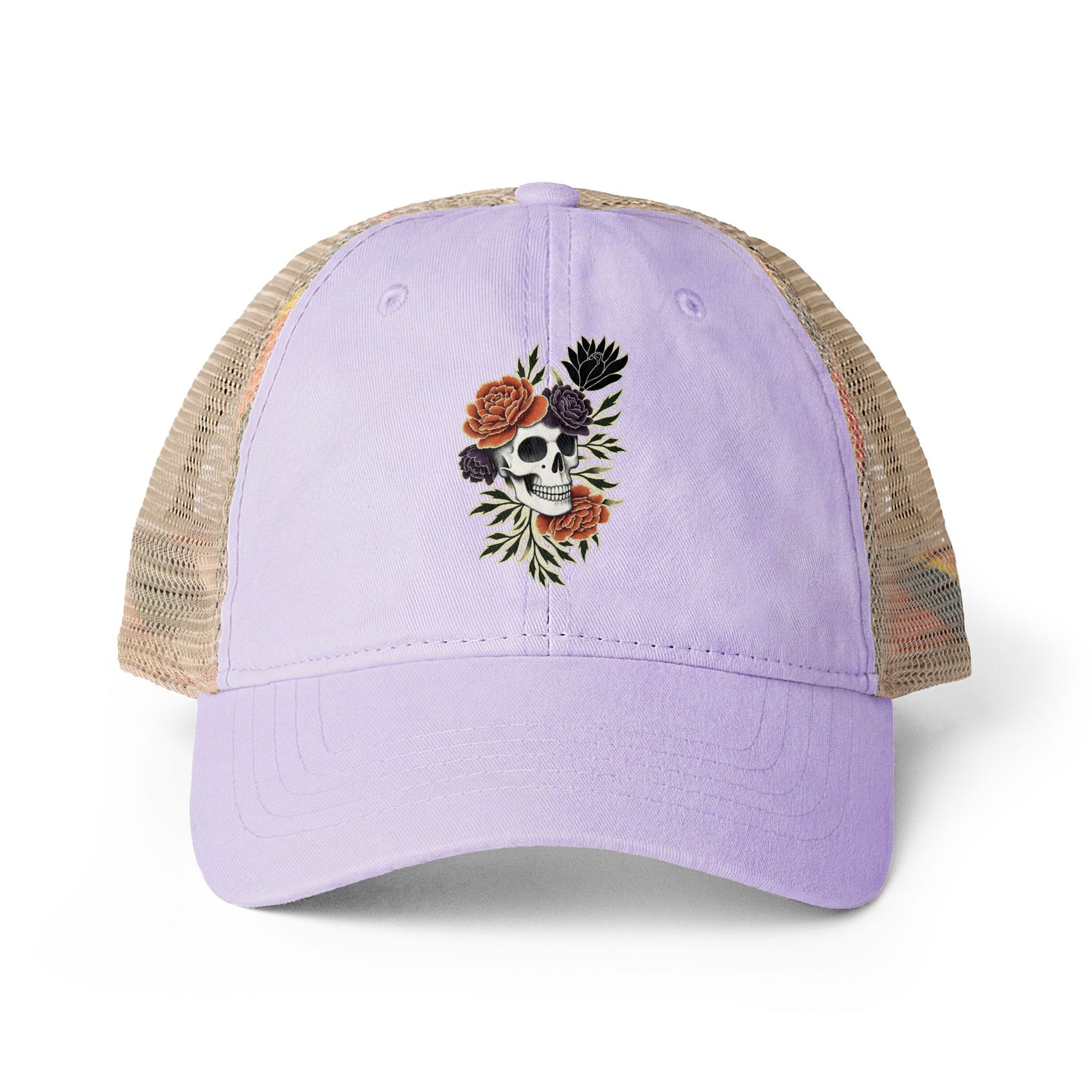 Floral Skull Trucker Hat Vintage Washed Mesh Cap Aesthetic Goth Hat Boho Skull Hat Ponytail Cap Gift for Her Festival Hat