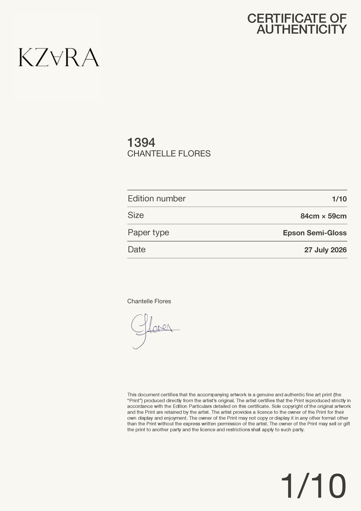 1394 — Certificate of Authenticity