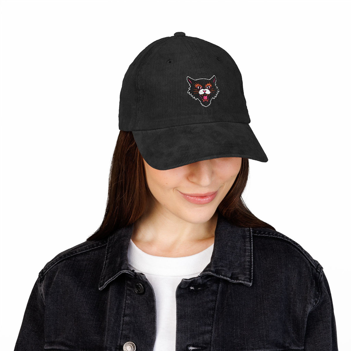 Embroidered Angry Cat Corduroy Hat Edgy Streetwear Cap Vintage Aesthetic Outfit Punk Rock Style Casual Everyday Wear Unique Gift Idea