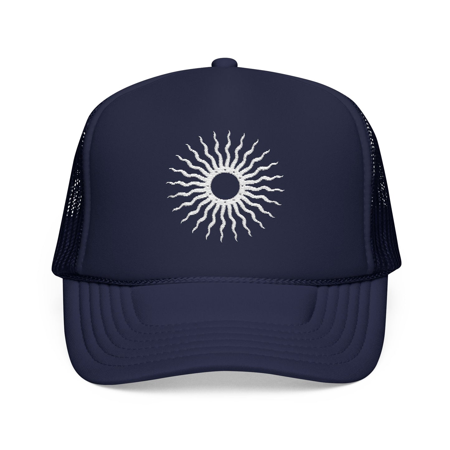 Embroidered Sun Hat For Summer Cap For Surfers Gift Surf Hat Radiant Sunburst Embroidered Foam Hat Red Trucker Hat For Beach Goers Gift